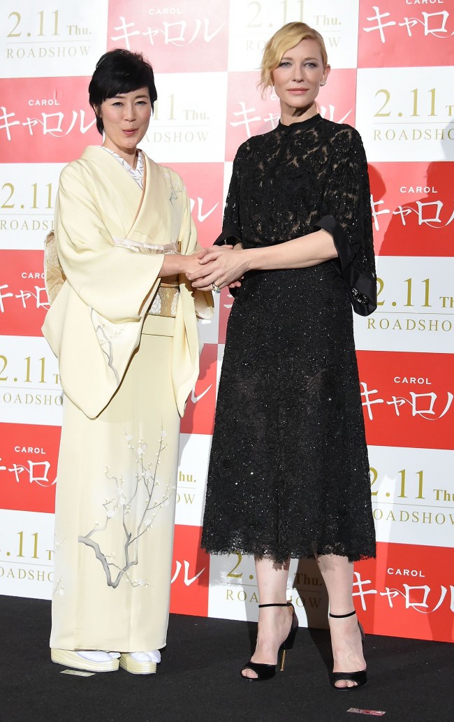 TOKYO, JAPAN - JANUARY 22: Actresses Cate Blanchett and Shinobu Terashima attend the stage greeting for 'Carol' at Roppongi Hills on January 22, 2016 in Tokyo, Japan. (Photo by Jun Sato/WireImage)