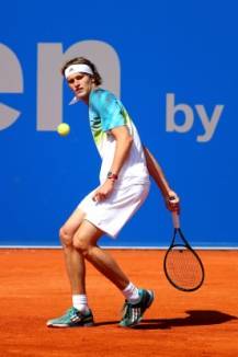 MUNICH, GERMANY - APRIL 29: Alexander Zverev of Germany plays a back hand during his quater final match against David Goffin of Belgium of the BMW Open at Iphitos tennis club on April 29, 2016 in Munich, Germany. (Photo by Alexander Hassenstein/Getty Images for BMW)